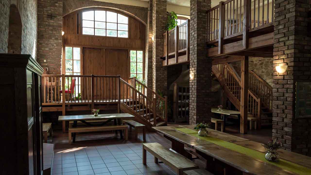 The spacious dining room with its rustic ambience